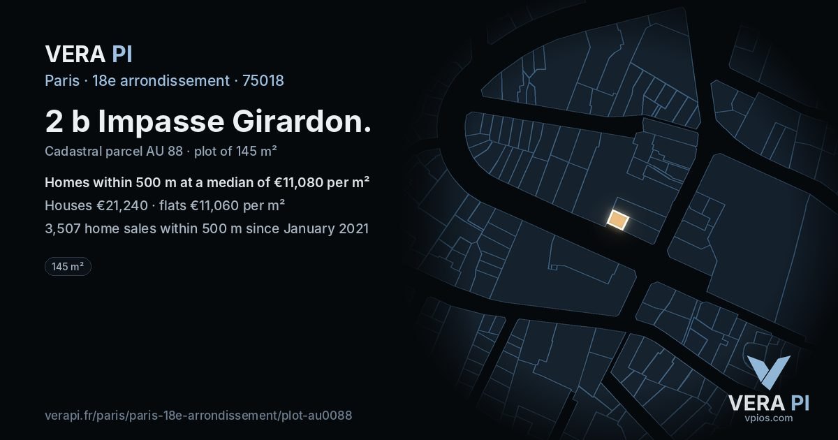 2 b Impasse Girardon, 18e arrondissement at night – the plot lit, the parcels around coloured by the prices near them