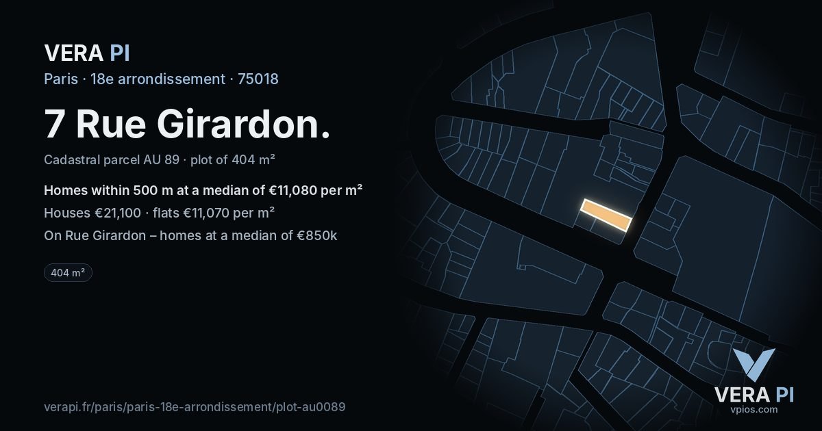7 Rue Girardon, 18e arrondissement at night – the plot lit, the parcels around coloured by the prices near them