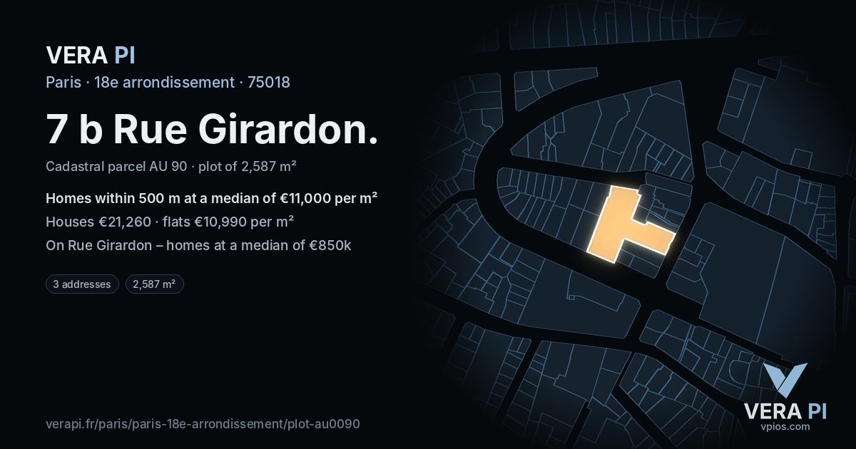 7 b Rue Girardon, 18e arrondissement at night – the plot lit, the parcels around coloured by the prices near them