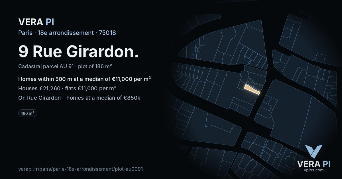 9 Rue Girardon, 18e arrondissement at night – the plot lit, the parcels around coloured by the prices near them