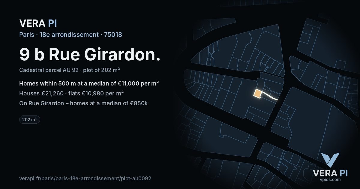 9 b Rue Girardon, 18e arrondissement at night – the plot lit, the parcels around coloured by the prices near them