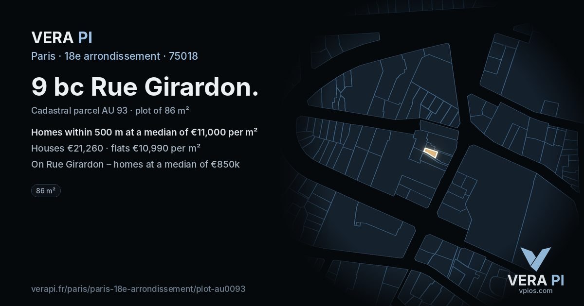 9 bc Rue Girardon, 18e arrondissement at night – the plot lit, the parcels around coloured by the prices near them
