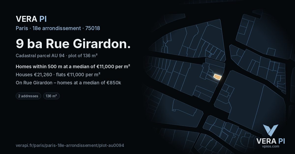 9 ba Rue Girardon, 18e arrondissement at night – the plot lit, the parcels around coloured by the prices near them