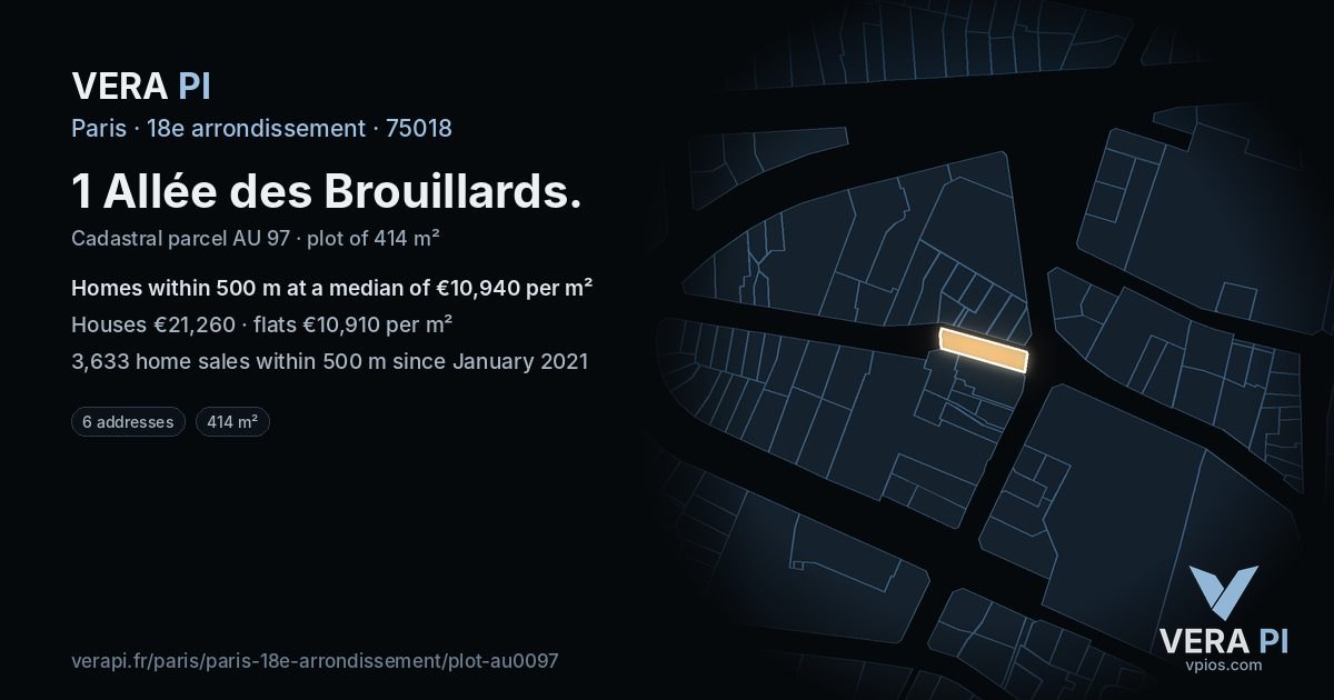 1 Allée des Brouillards, 18e arrondissement at night – the plot lit, the parcels around coloured by the prices near them