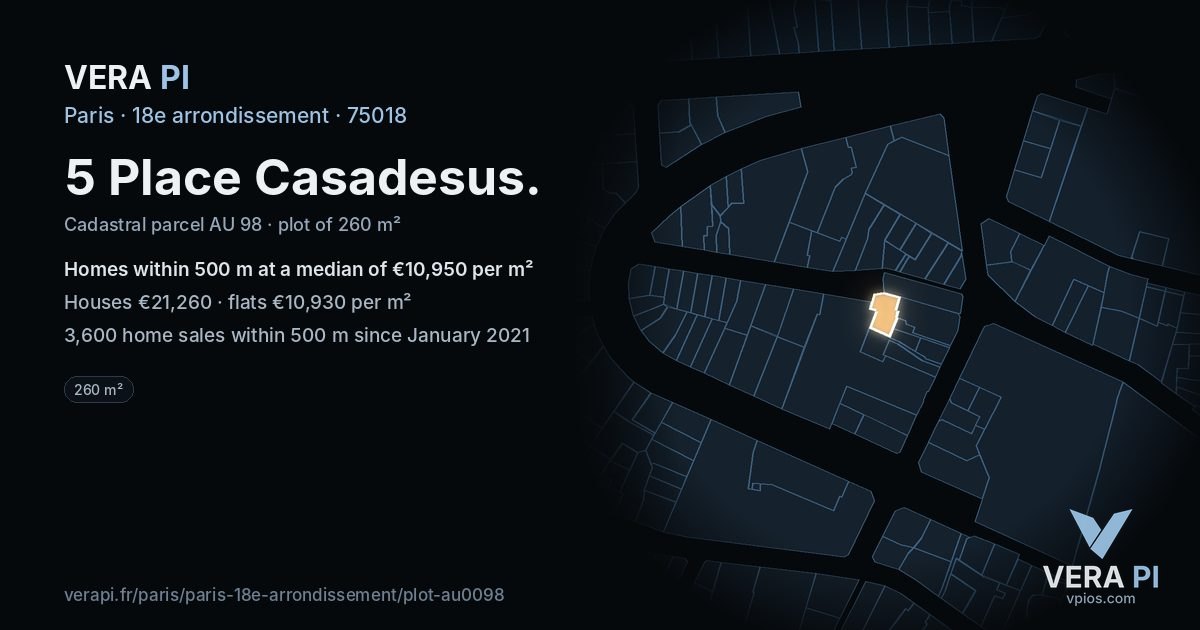 5 Place Casadesus, 18e arrondissement at night – the plot lit, the parcels around coloured by the prices near them