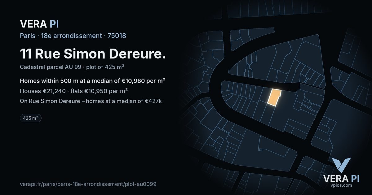 11 Rue Simon Dereure, 18e arrondissement at night – the plot lit, the parcels around coloured by the prices near them