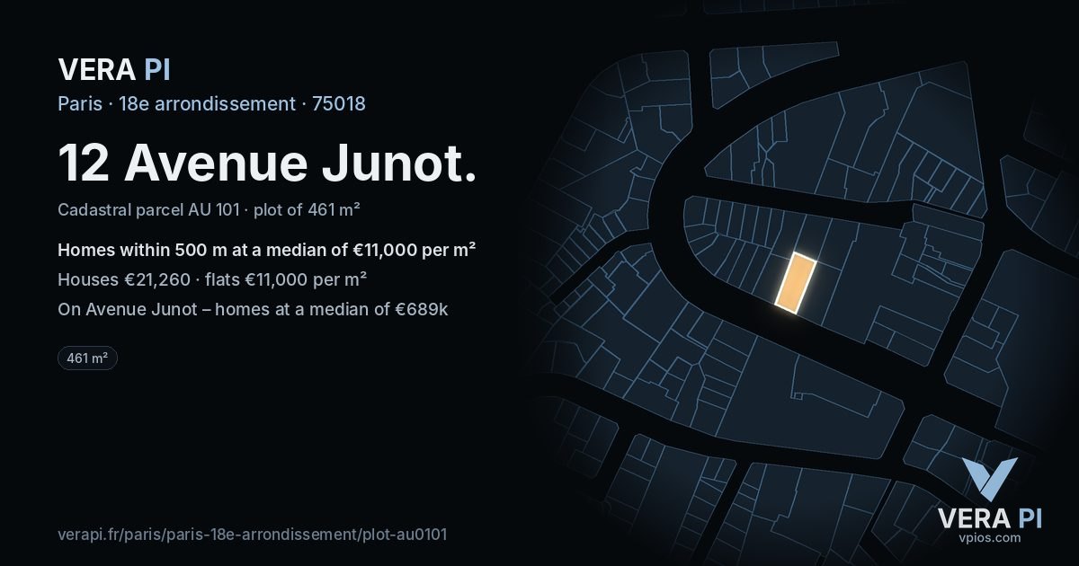 12 Avenue Junot, 18e arrondissement at night – the plot lit, the parcels around coloured by the prices near them