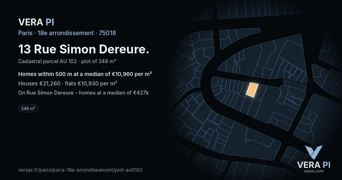 13 Rue Simon Dereure, 18e arrondissement at night – the plot lit, the parcels around coloured by the prices near them