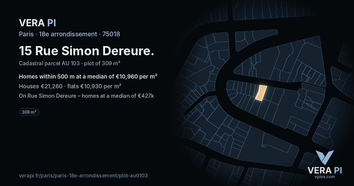 15 Rue Simon Dereure, 18e arrondissement at night – the plot lit, the parcels around coloured by the prices near them