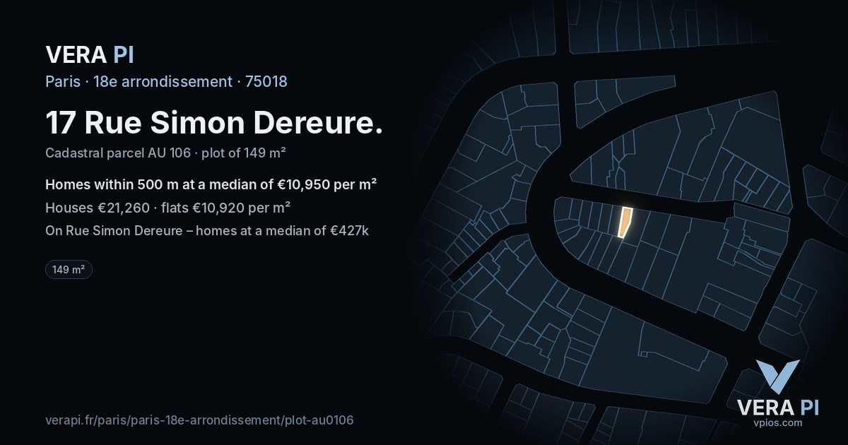 17 Rue Simon Dereure, 18e arrondissement at night – the plot lit, the parcels around coloured by the prices near them