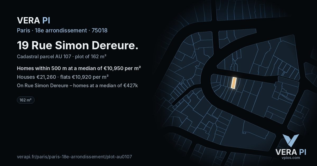 19 Rue Simon Dereure, 18e arrondissement at night – the plot lit, the parcels around coloured by the prices near them