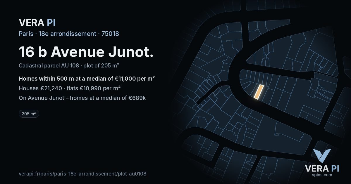 16 b Avenue Junot, 18e arrondissement at night – the plot lit, the parcels around coloured by the prices near them