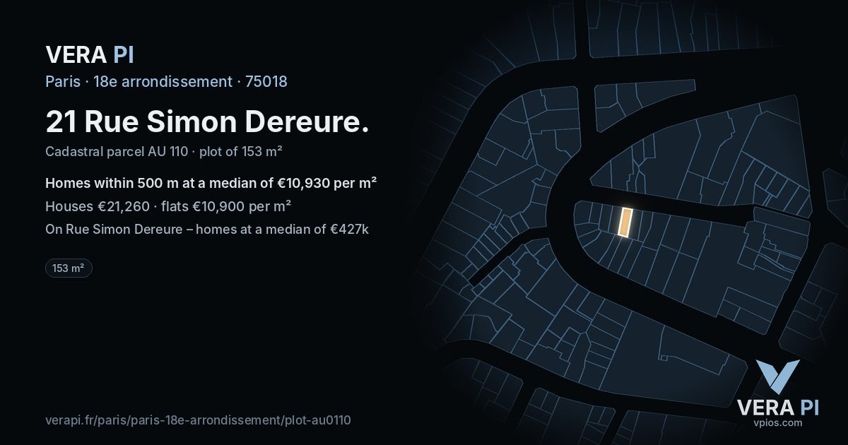 21 Rue Simon Dereure, 18e arrondissement at night – the plot lit, the parcels around coloured by the prices near them