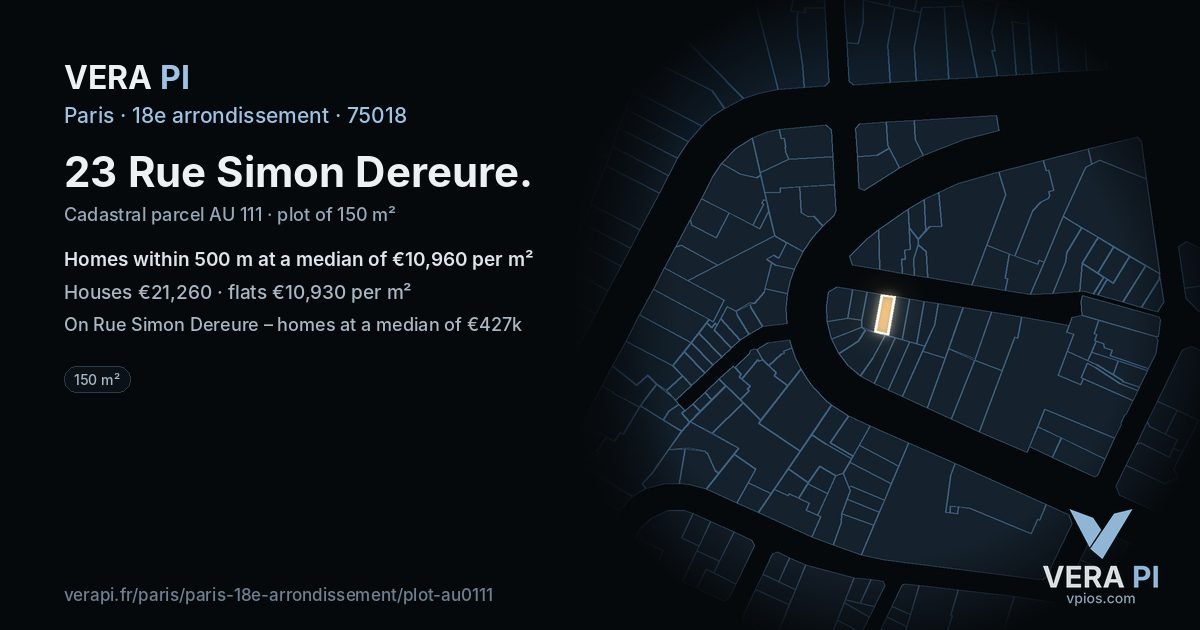 23 Rue Simon Dereure, 18e arrondissement at night – the plot lit, the parcels around coloured by the prices near them