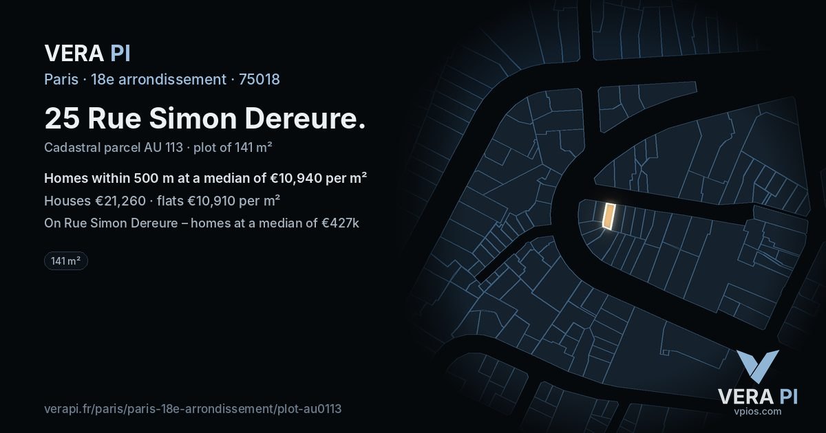 25 Rue Simon Dereure, 18e arrondissement at night – the plot lit, the parcels around coloured by the prices near them
