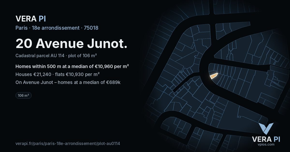 20 Avenue Junot, 18e arrondissement at night – the plot lit, the parcels around coloured by the prices near them