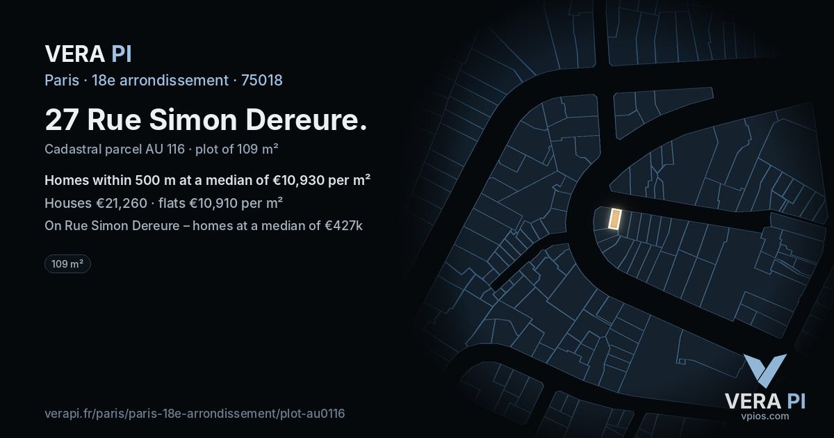 27 Rue Simon Dereure, 18e arrondissement at night – the plot lit, the parcels around coloured by the prices near them
