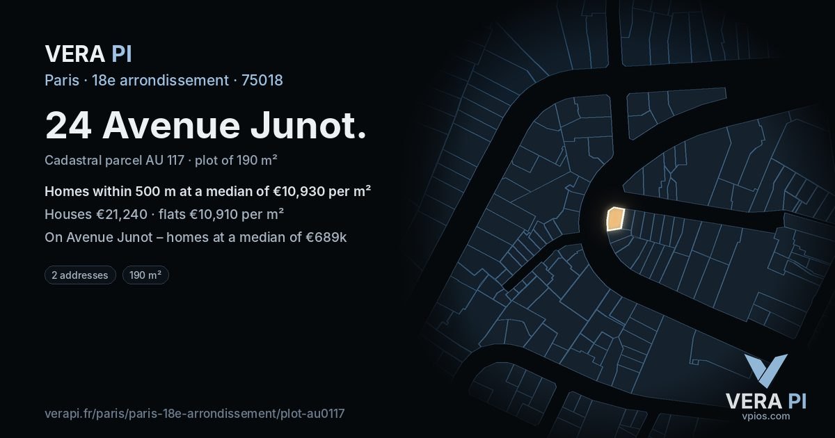 24 Avenue Junot, 18e arrondissement at night – the plot lit, the parcels around coloured by the prices near them