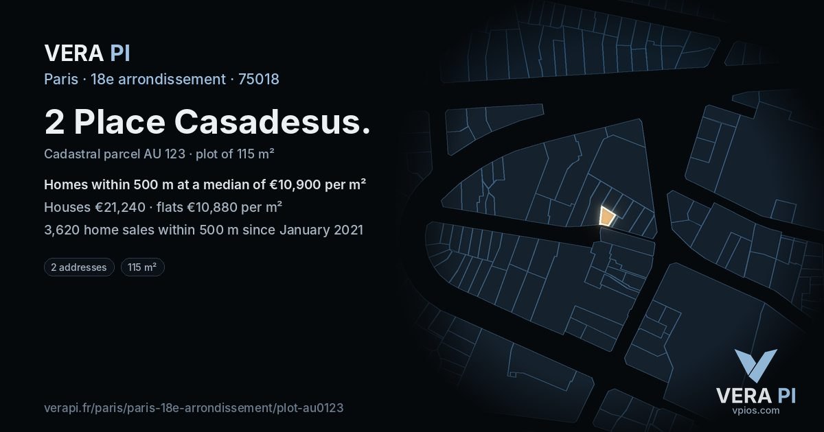 2 Place Casadesus, 18e arrondissement at night – the plot lit, the parcels around coloured by the prices near them