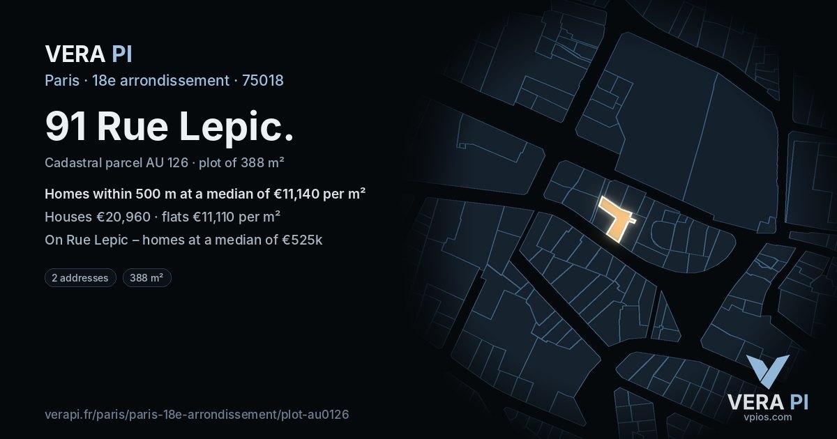 91 Rue Lepic, 18e arrondissement at night – the plot lit, the parcels around coloured by the prices near them