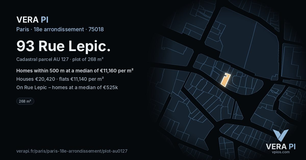 93 Rue Lepic, 18e arrondissement at night – the plot lit, the parcels around coloured by the prices near them