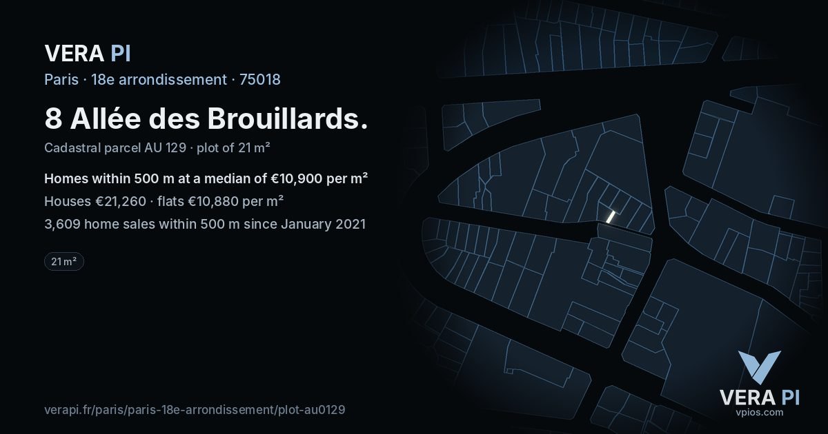 8 Allée des Brouillards, 18e arrondissement at night – the plot lit, the parcels around coloured by the prices near them
