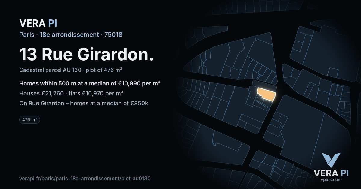 13 Rue Girardon, 18e arrondissement at night – the plot lit, the parcels around coloured by the prices near them