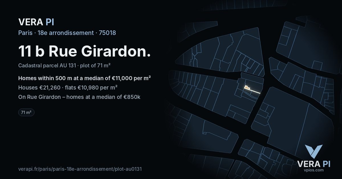 11 b Rue Girardon, 18e arrondissement at night – the plot lit, the parcels around coloured by the prices near them
