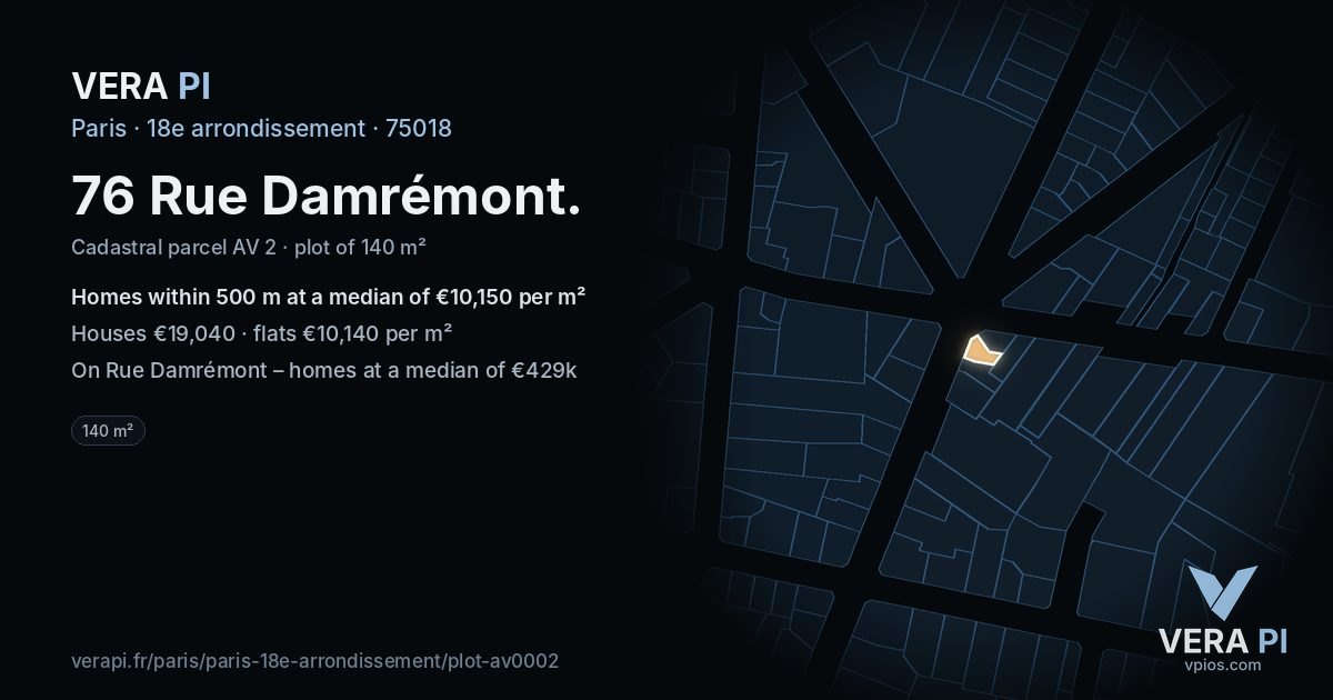 76 Rue Damrémont, 18e arrondissement at night – the plot lit, the parcels around coloured by the prices near them