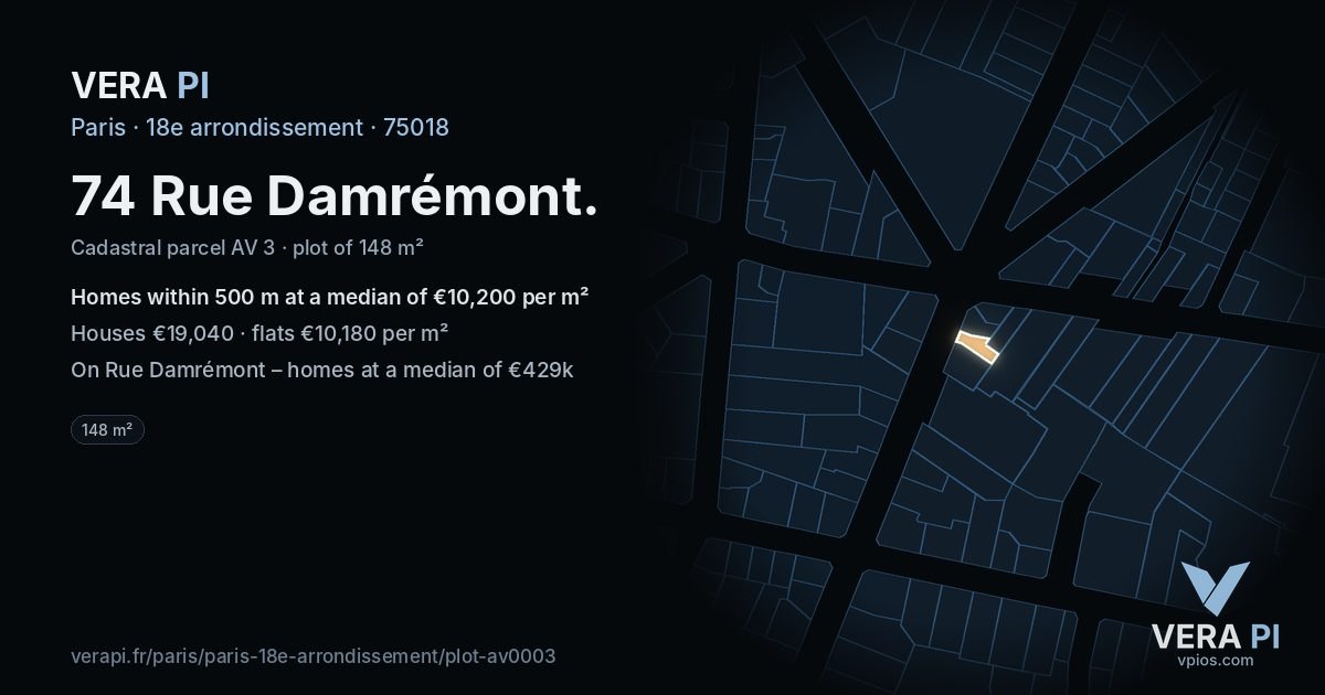 74 Rue Damrémont, 18e arrondissement at night – the plot lit, the parcels around coloured by the prices near them