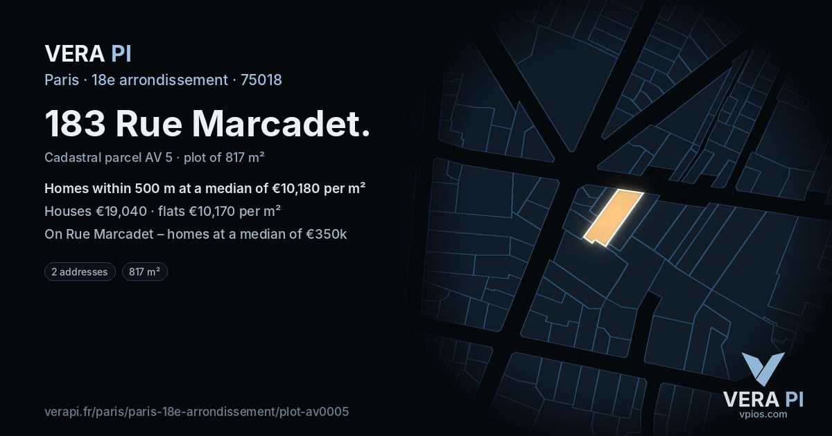 183 Rue Marcadet, 18e arrondissement at night – the plot lit, the parcels around coloured by the prices near them