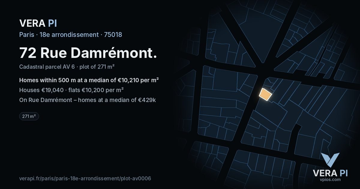 72 Rue Damrémont, 18e arrondissement at night – the plot lit, the parcels around coloured by the prices near them
