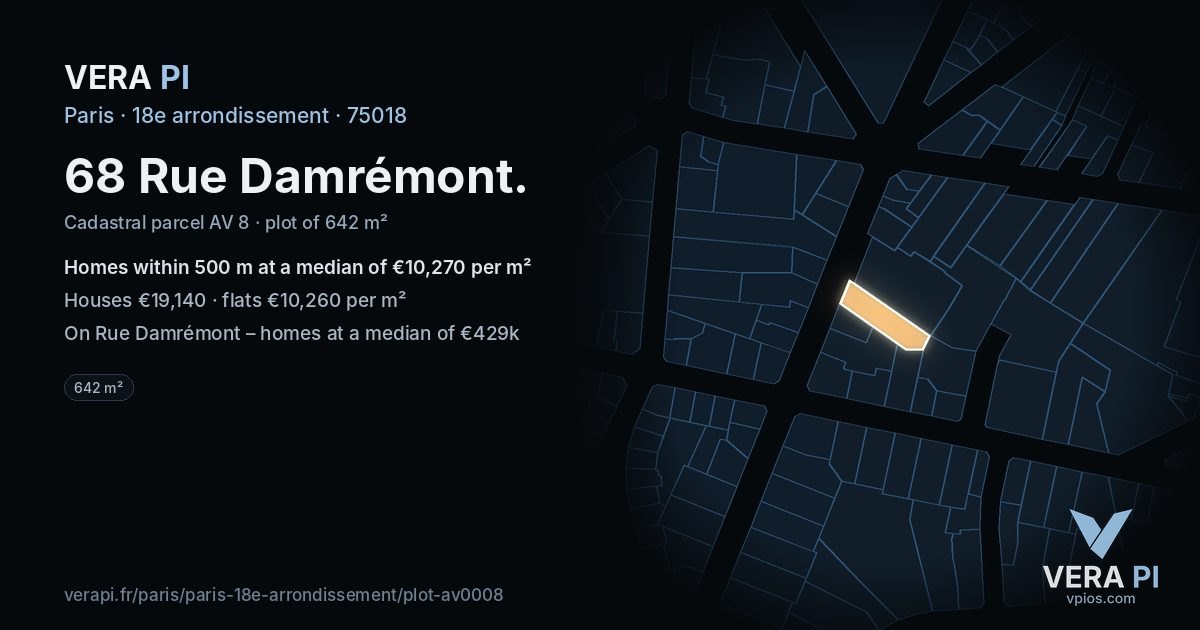 68 Rue Damrémont, 18e arrondissement at night – the plot lit, the parcels around coloured by the prices near them