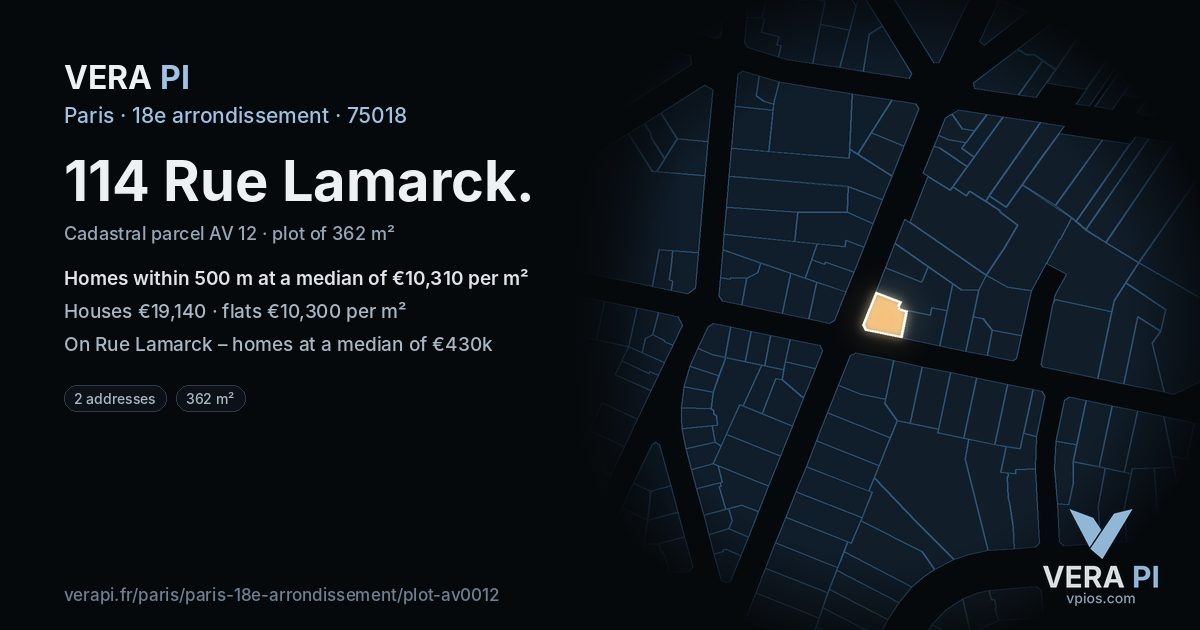 114 Rue Lamarck, 18e arrondissement at night – the plot lit, the parcels around coloured by the prices near them