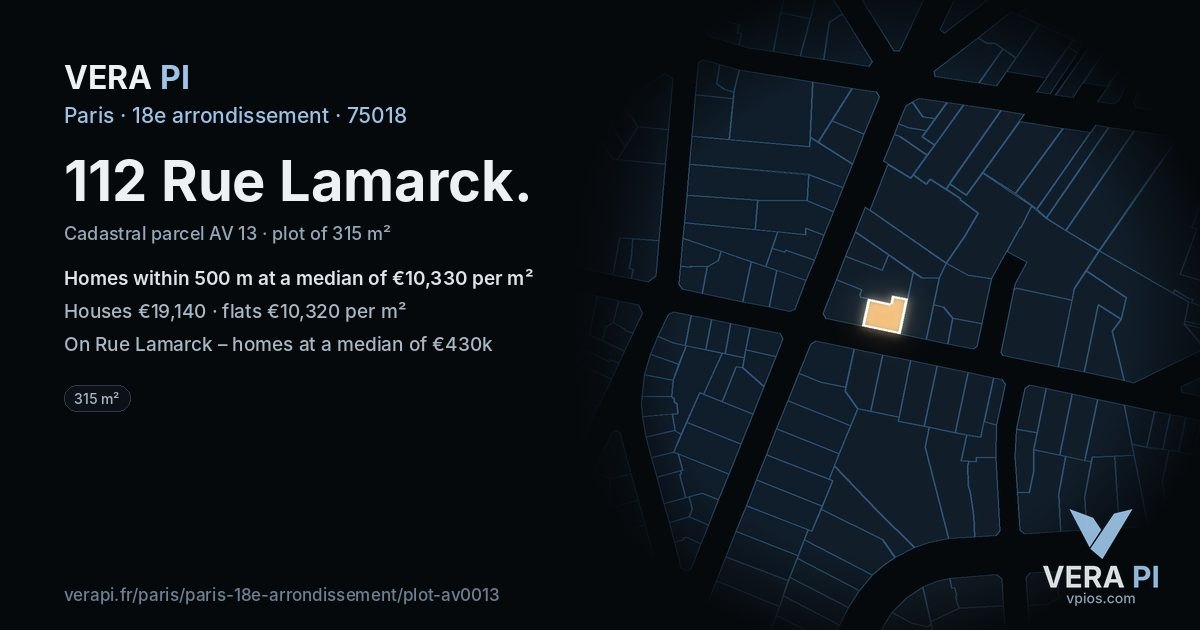112 Rue Lamarck, 18e arrondissement at night – the plot lit, the parcels around coloured by the prices near them