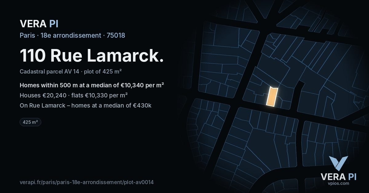 110 Rue Lamarck, 18e arrondissement at night – the plot lit, the parcels around coloured by the prices near them