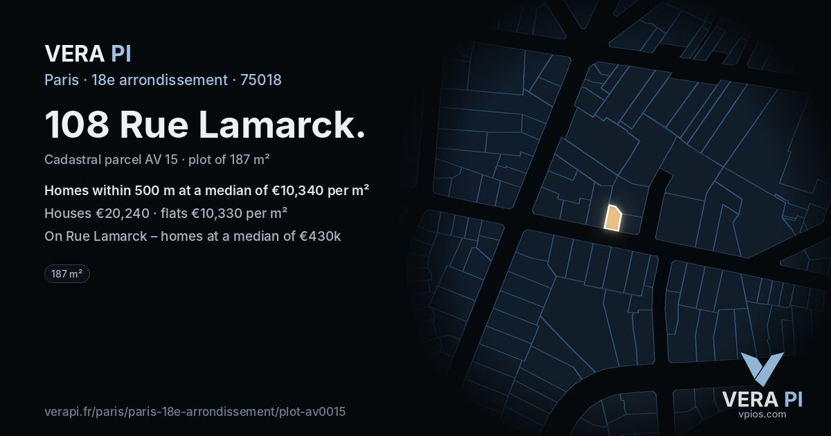 108 Rue Lamarck, 18e arrondissement at night – the plot lit, the parcels around coloured by the prices near them