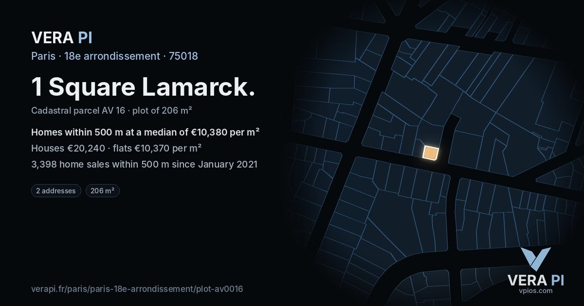 1 Square Lamarck, 18e arrondissement at night – the plot lit, the parcels around coloured by the prices near them