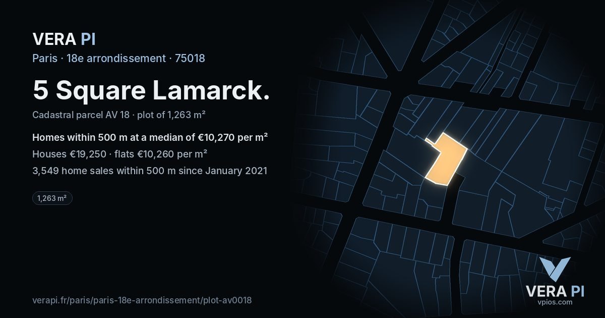 5 Square Lamarck, 18e arrondissement at night – the plot lit, the parcels around coloured by the prices near them