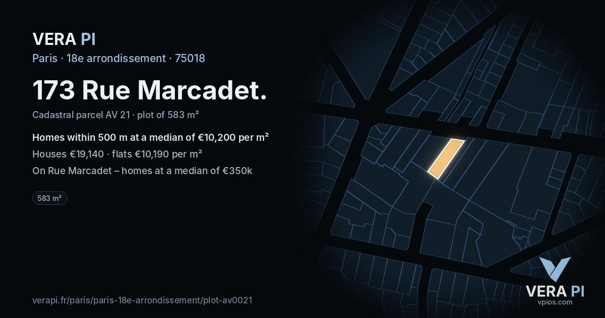 173 Rue Marcadet, 18e arrondissement at night – the plot lit, the parcels around coloured by the prices near them