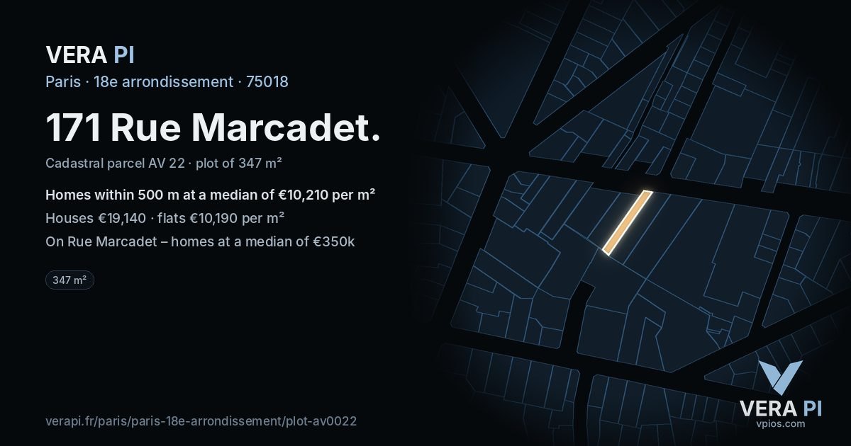 171 Rue Marcadet, 18e arrondissement at night – the plot lit, the parcels around coloured by the prices near them