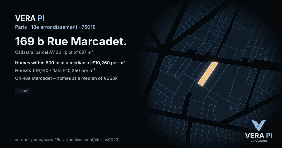 169 b Rue Marcadet, 18e arrondissement at night – the plot lit, the parcels around coloured by the prices near them