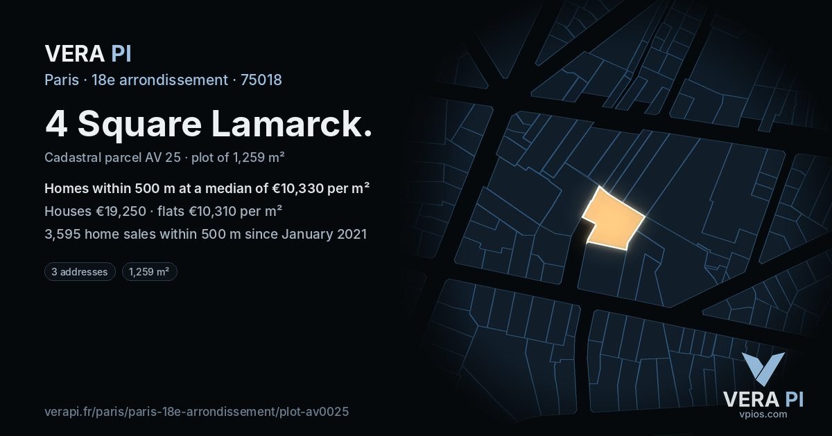 4 Square Lamarck, 18e arrondissement at night – the plot lit, the parcels around coloured by the prices near them
