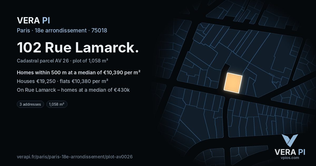 102 Rue Lamarck, 18e arrondissement at night – the plot lit, the parcels around coloured by the prices near them