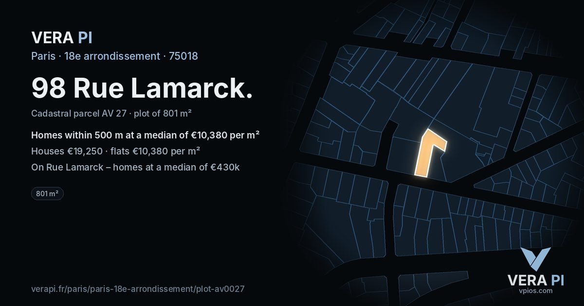 98 Rue Lamarck, 18e arrondissement at night – the plot lit, the parcels around coloured by the prices near them