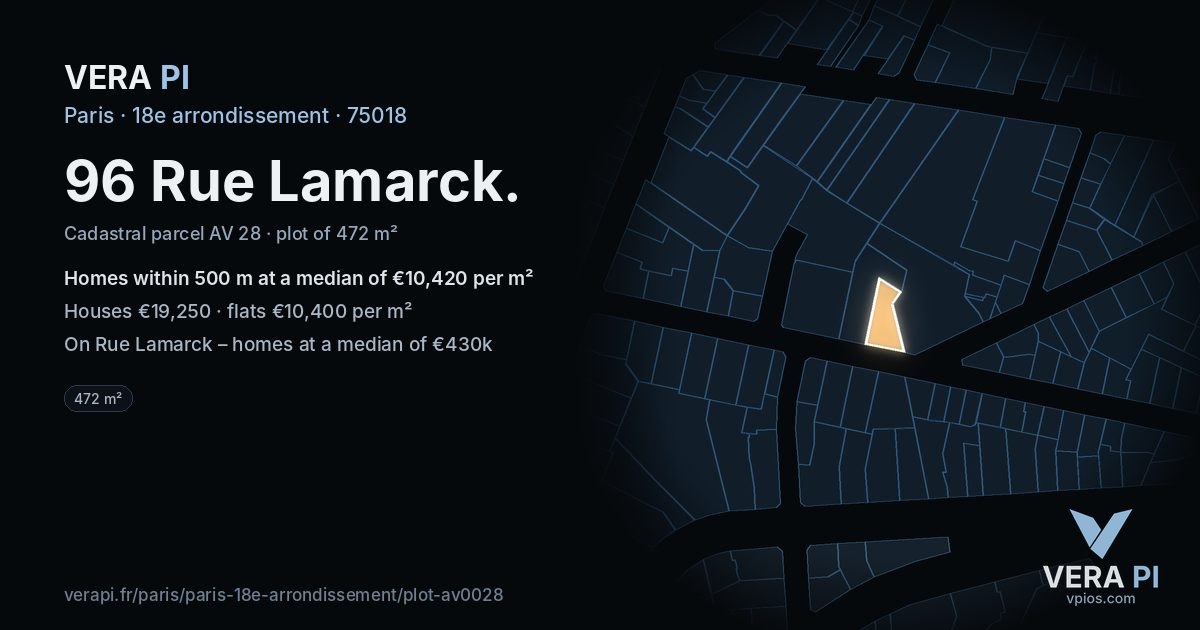 96 Rue Lamarck, 18e arrondissement at night – the plot lit, the parcels around coloured by the prices near them