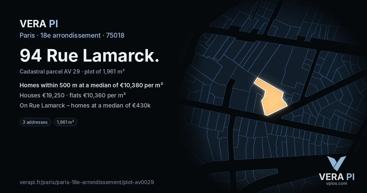 94 Rue Lamarck, 18e arrondissement at night – the plot lit, the parcels around coloured by the prices near them