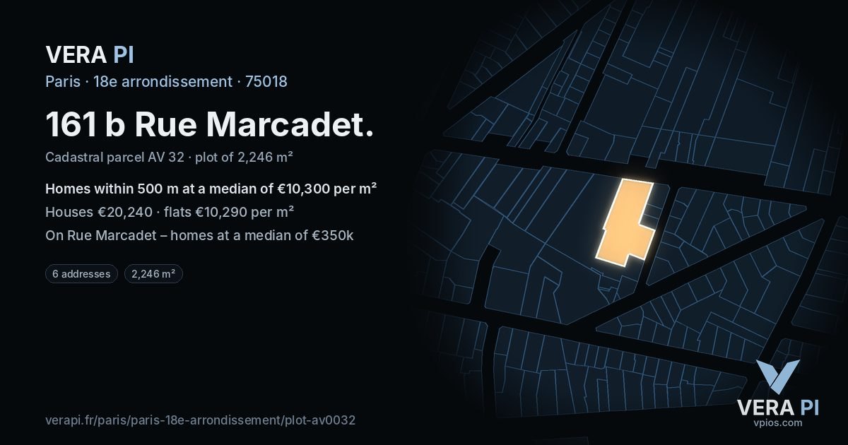 161 b Rue Marcadet, 18e arrondissement at night – the plot lit, the parcels around coloured by the prices near them