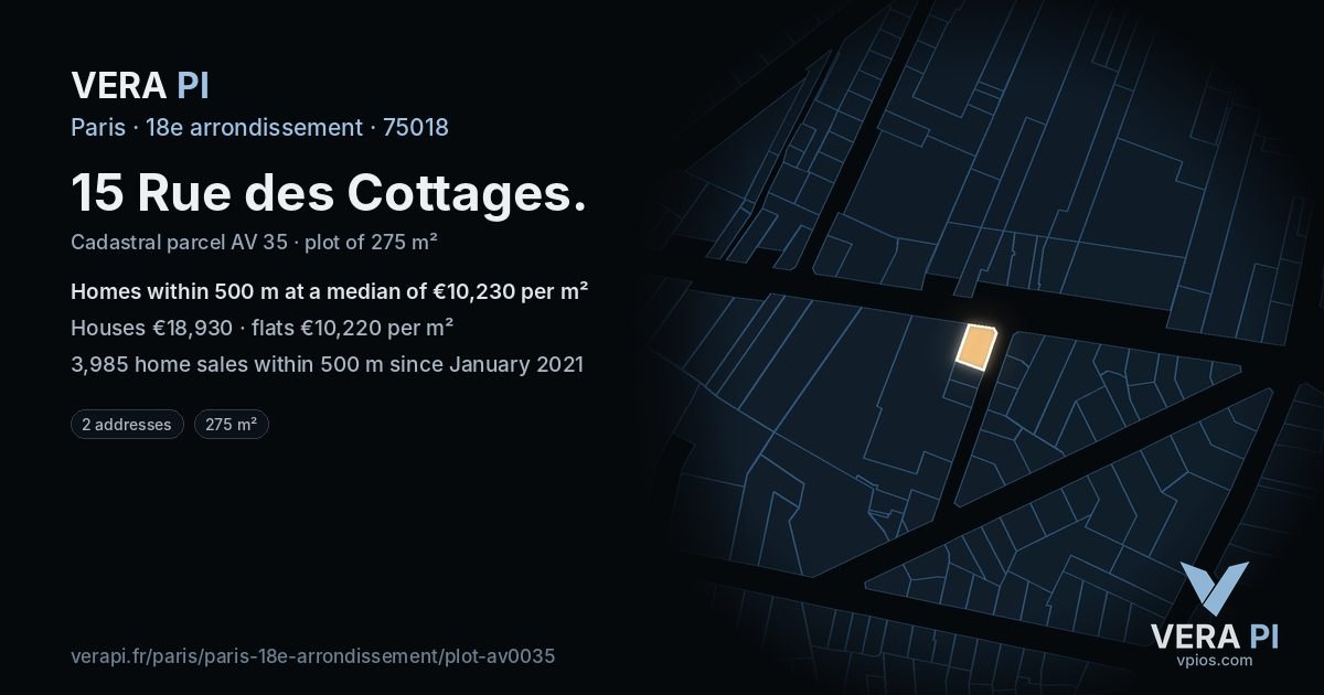 15 Rue des Cottages, 18e arrondissement at night – the plot lit, the parcels around coloured by the prices near them