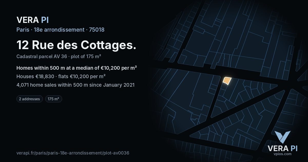 12 Rue des Cottages, 18e arrondissement at night – the plot lit, the parcels around coloured by the prices near them